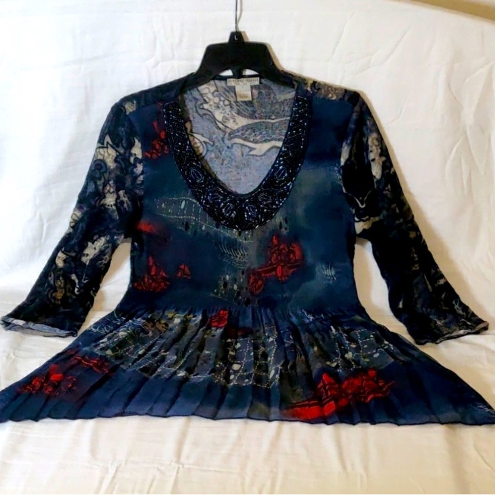 Designer Alberto Makali V-neck beaded peplum blue white black red lovely